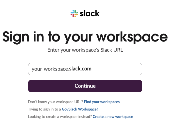Slack login screen