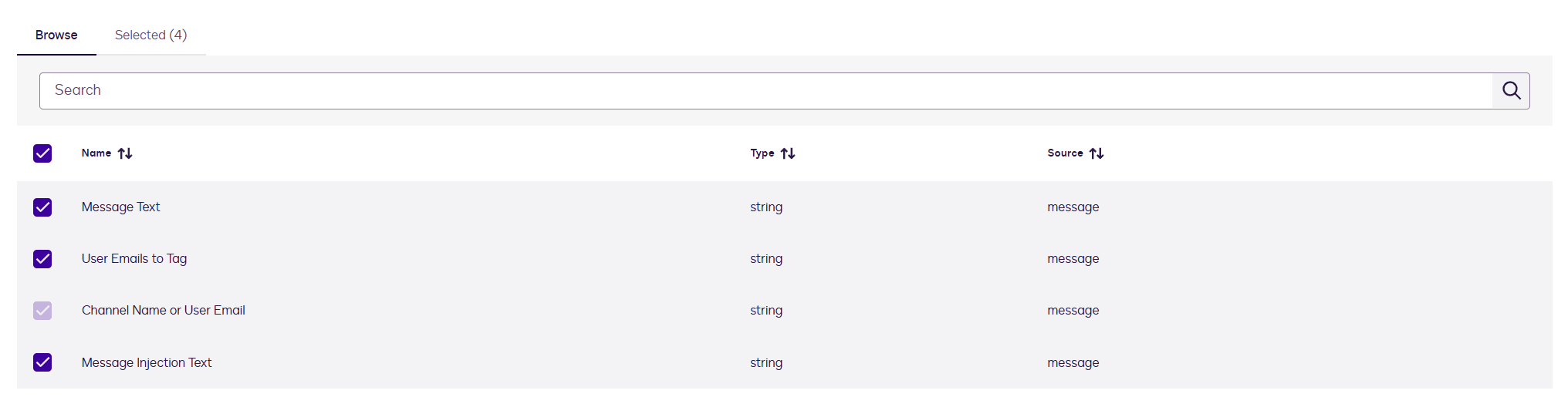 Selecting message text and user emails to tag options